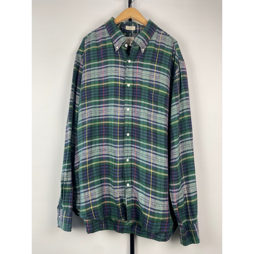 J.Crew Baird McNutt Irish Linen Slim Fit Plaid Button Down Shirt Mens XL Green
